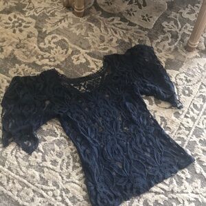 Navy Lace Short-Sleeve Women's Top